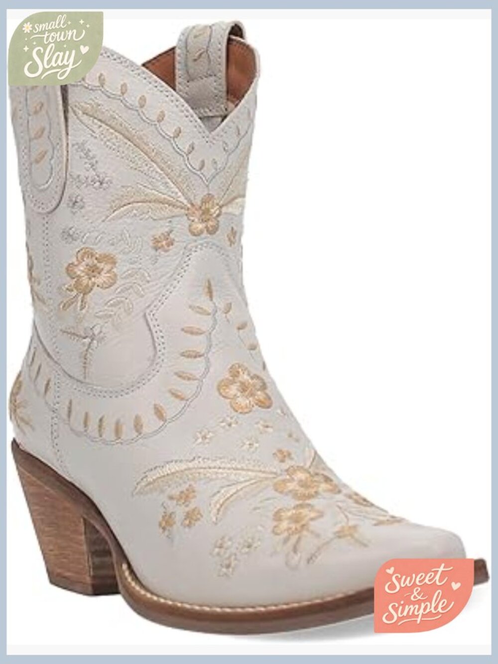 Leather Embroidered Snip Toe Cowboy Booties - Block Heel Pull-On